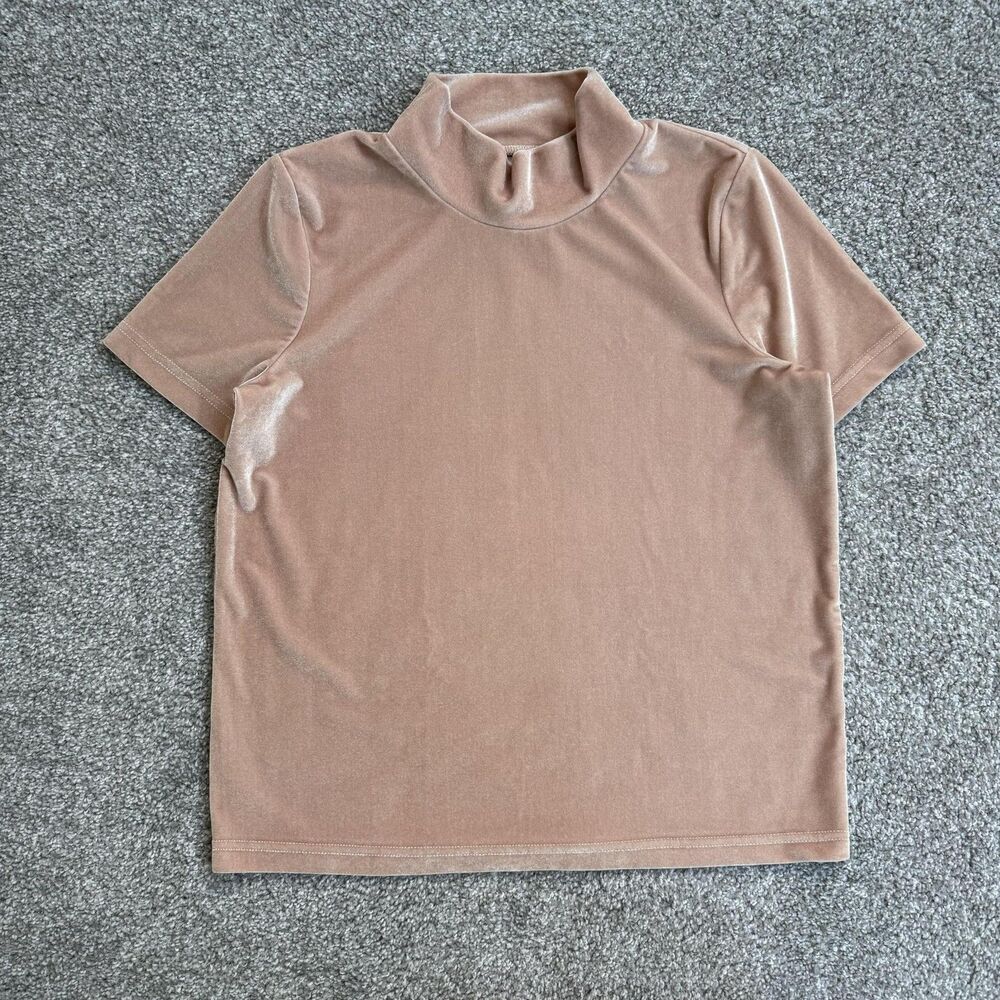 Madewell Shirt Womens XS Beige Velvet Mock Neck Short Sleeve Basic Top Fall
